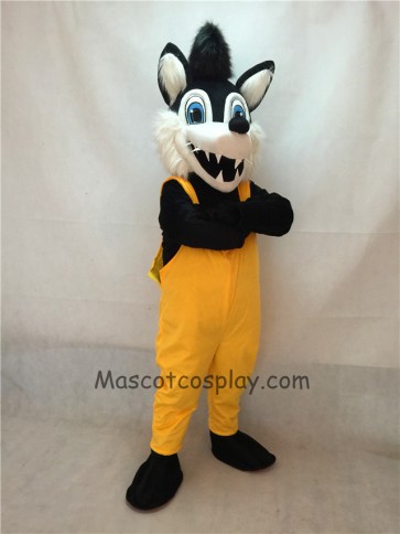 Big Bad Wolf Mascot Costume with Yellow Overalls