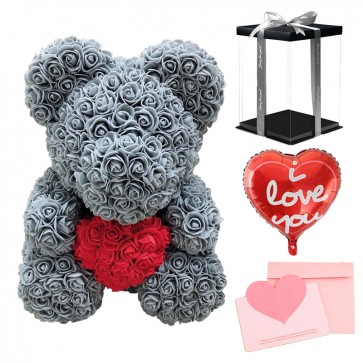 Grey Rose Teddy Bear Flower Bear with Red Heart with Balloon, Greeting Card & Gift Box for Mothers Day, Valentines Day, Anniversary, Weddings & Birthday
