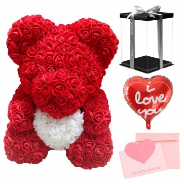 Red Rose Teddy Bear Flower Bear with White Heart with Balloon, Greeting Card & Gift Box for Mothers Day, Valentines Day, Anniversary, Weddings & Birthday