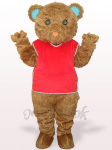 Brown Long Hair Bear With Red Waistcoat Plush Adult Mascot Costume