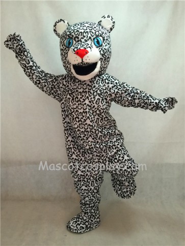 White Leopard Cub Mascot Costume with Blue Eyes