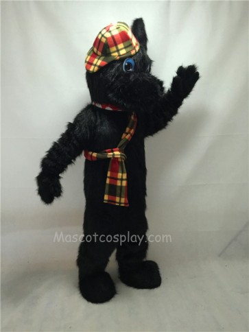 Cute Black Long Hair Scotty Dog Mascot Costume with Hat and Scarf