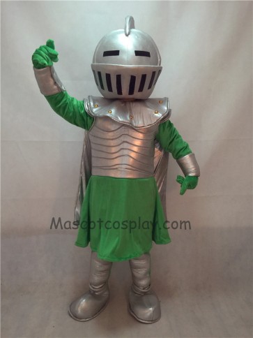 Silver Knight Mascot Costume with Green Clothing