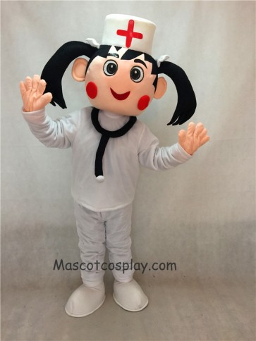 Nurse in White Hat and Suit Mascot Costume with Red Flush