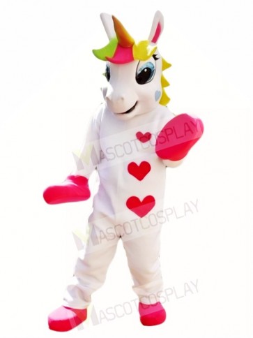 White Unicorn with Hearts and Colorful Horn Mascot Costumes 