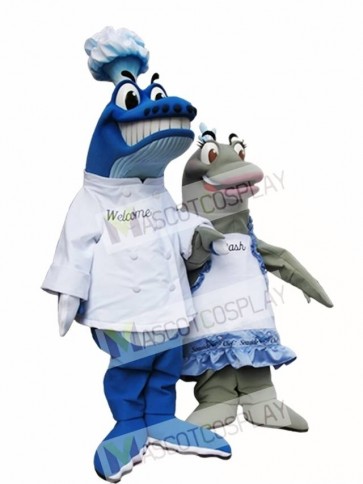Blue Whale Chef on left Mascot Costumes