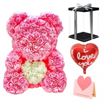 Light Rose Pink Teddy Bear Flower Bear with White Heart Best Gift for Mother's Day, Valentine's Day, Anniversary, Weddings and Birthday