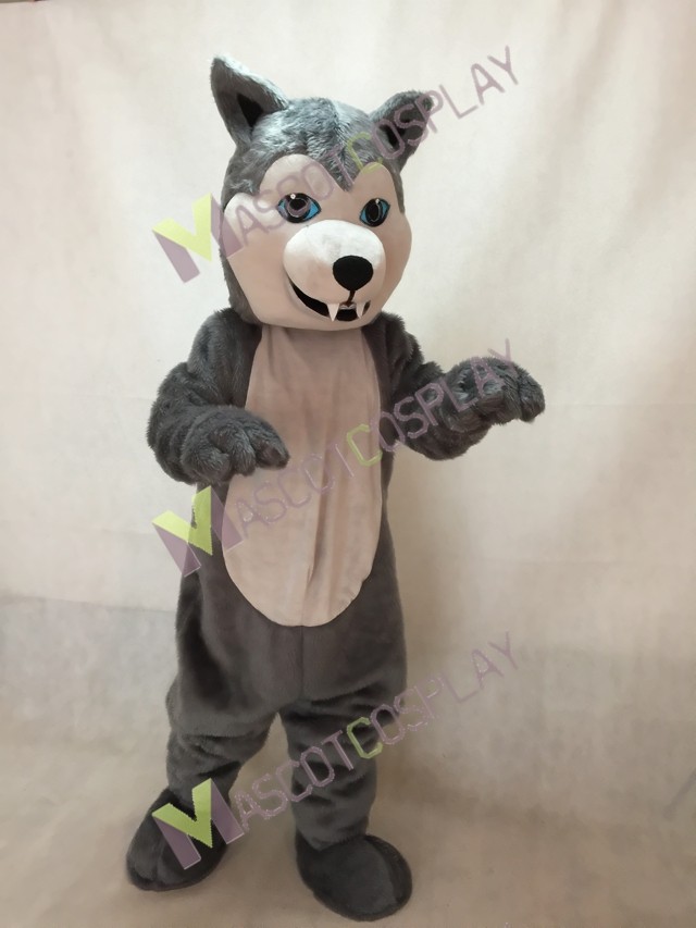 Grey Husky Dog Mascot Costume with Blue Eyes