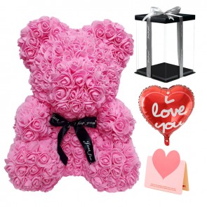 Pink Rose Teddy Bear Flower Bear with Balloon, Greeting Card & Gift Box for Mothers Day, Valentines Day, Anniversary, Weddings & Birthday
