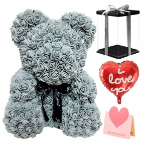 Grey Rose Teddy Bear Flower Bear with Balloon, Greeting Card & Gift Box for Mothers Day, Valentines Day, Anniversary, Weddings & Birthday