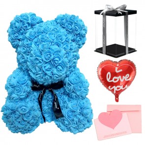 Blue Rose Teddy Bear Flower Bear with Balloon, Greeting Card & Gift Box for Mothers Day, Valentines Day, Anniversary, Weddings & Birthday