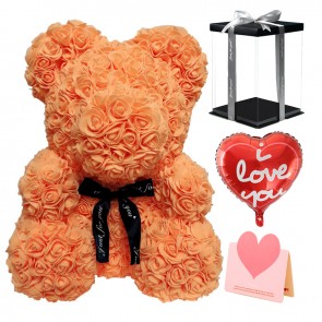 Orange Rose Teddy Bear Flower Bear with Balloon, Greeting Card & Gift Box for Mothers Day, Valentines Day, Anniversary, Weddings & Birthday