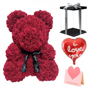 Burgundy Rose Teddy Bear Flower Bear with Balloon, Gree ting Card & Gift Box for Mothers Day, Valentines Day, Anniversary, Weddings & Birthday