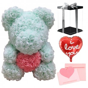 Light Green Rose Teddy Bear Flower Bear with Pink Heart with Balloon, Greeting Card & Gift Box for Mothers Day, Valentines Day, Anniversary, Weddings & Birthday