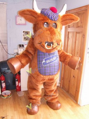 Brown Bull Mascot Costume with Purple Hat 