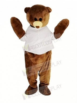 Brown Teddy Bear in White Shirt Mascot Costume