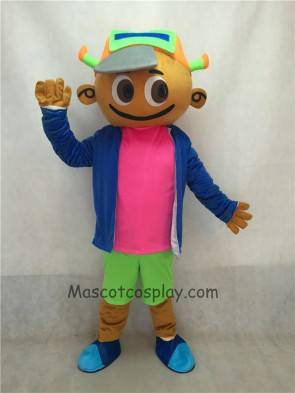 Cap Boy in Blue Coat and Green Pants Mascot Costume