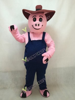 Pink Pig Farmer Hog with Overalls & Hat Mascot Costume