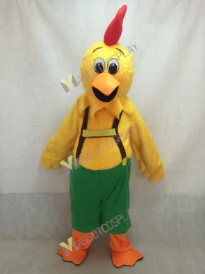 Yellow Chicken Yodel Mascot Costume with Green Overalls