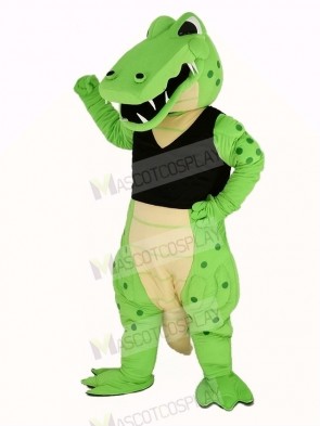 Power Green Crocodile in Black Vest Mascot Costume Animal