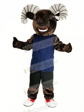 Dark Brown Sport Ram with Blue Vest Mascot Costume Animal