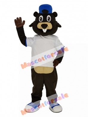 Brown Beaver in White T-shirt Mascot Costume