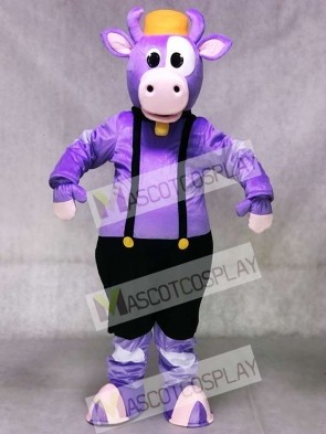 Cute Purple Cow with Overalls and Bell Mascot Costume