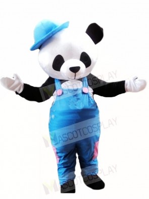 Cute Panda with Blue Overalls and Hat Mascot Costumes Animal 
