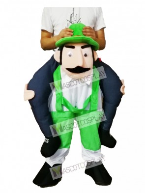Piggyback Bearded Uncle Carry Me Ride Green Overalls Man Mascot Costume 