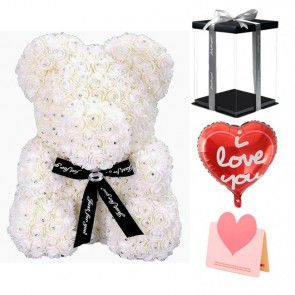 Diamond White Rose Teddy Bear Flower Bear Best Gift for Mother's Day, Valentine's Day, Anniversary, Weddings and Birthday