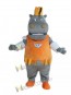 Gray Hippo Hippopotamus King in Orange Vest Mascot Costume  
