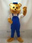 Teddy Bear Mascot Costume with Blue Overalls and Hat